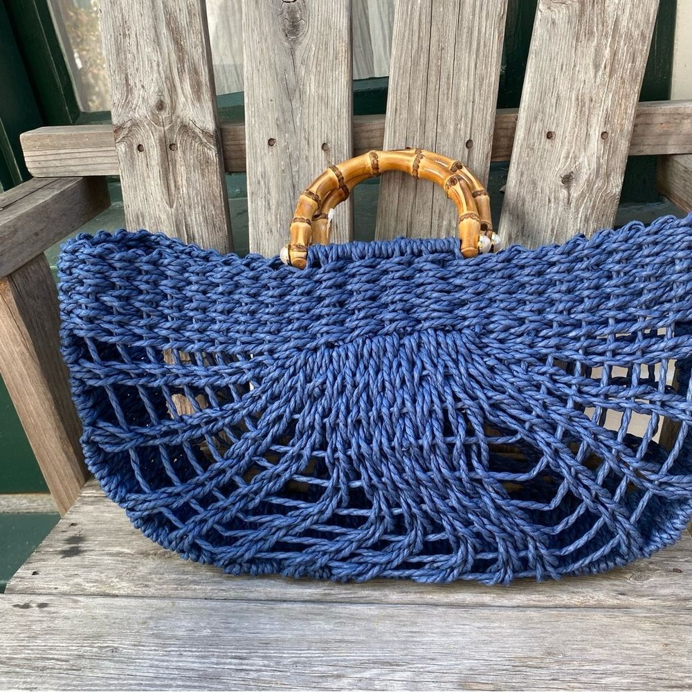BTB Los Angeles Straw Blue Woven Tote Bag with Bamboo Handles - Picture 9 of 13